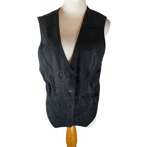BODY XPRESSIONS Vintage Black Embroidered Wool Blend Vest Women's Size‎ L